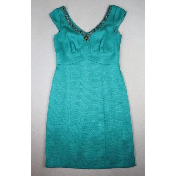 TAHARI - WOMEN'S TEAL GREEN SHEATH DRESS - BEADED NECKLINE - SIZE 4 - Picture 1 of 14